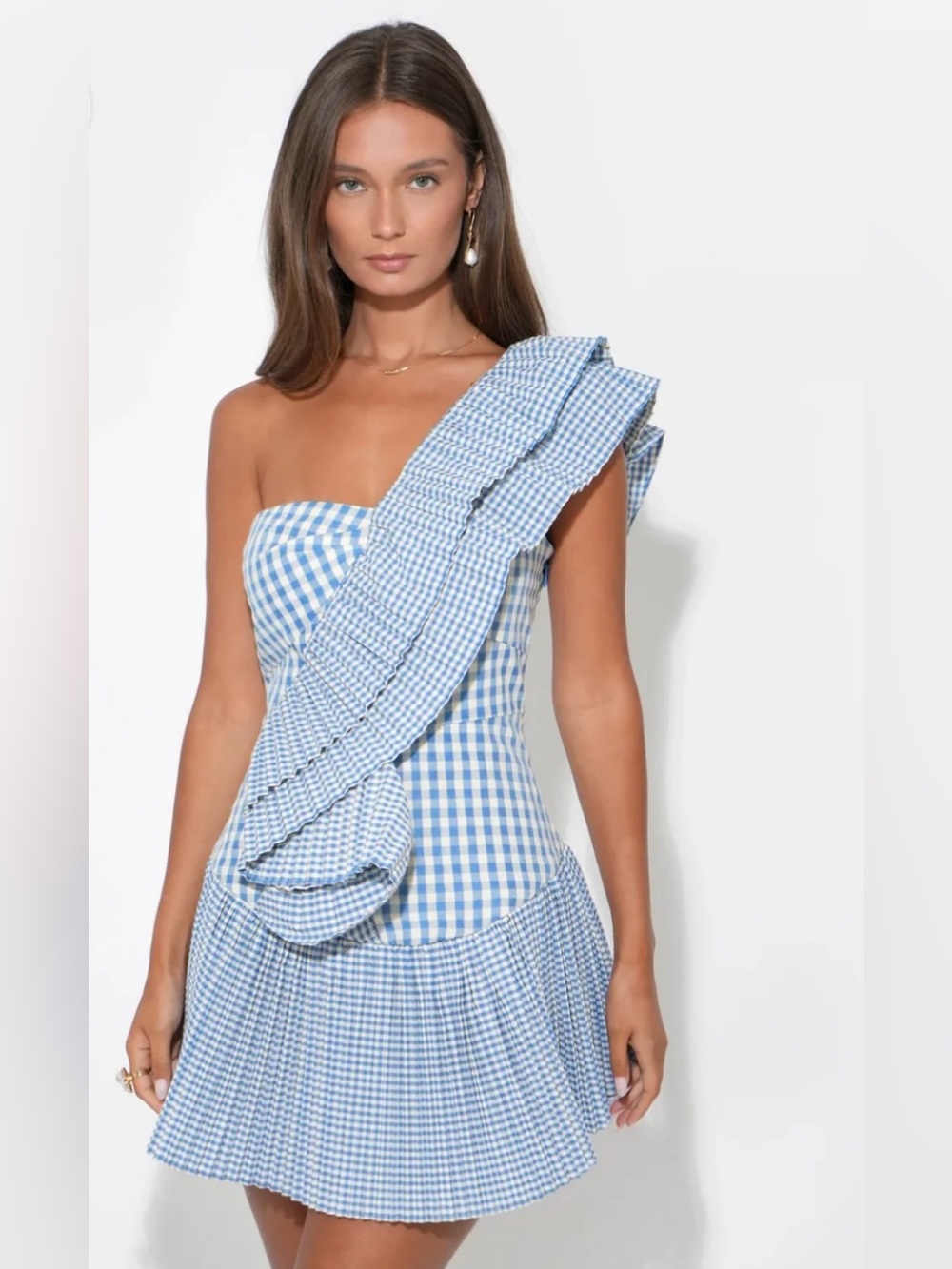 ADELYN RAE AVA ONE SHOULDER GINGHAM MINI DRESS